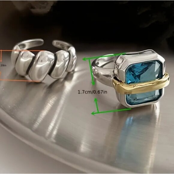 TWO RING SET Adjustable Silver Tone Faux Blue Zircon and Wrap Rings (#1367) - Picture 14 of 16